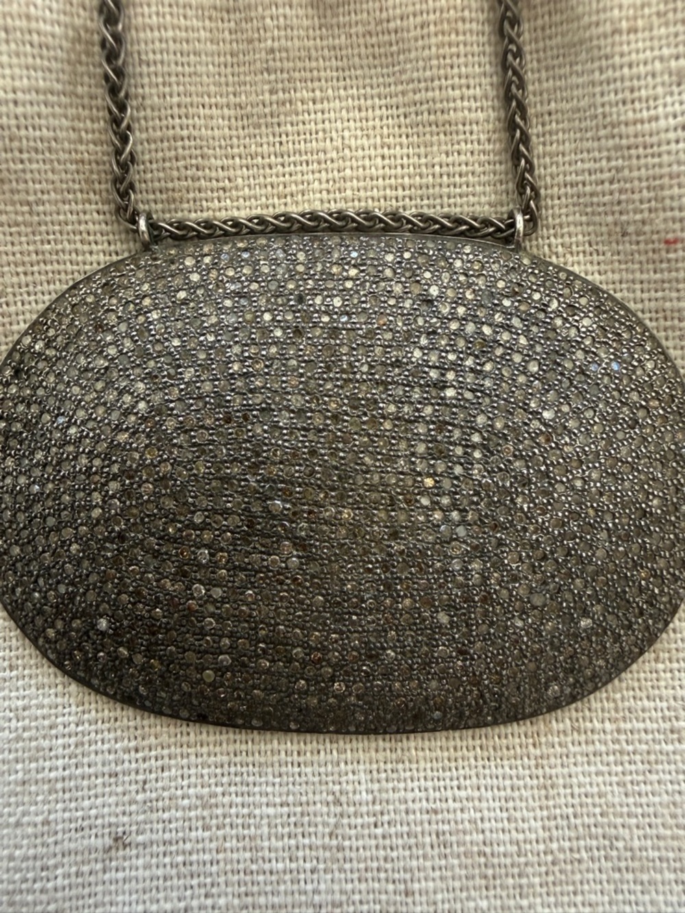 Lera Jewels Authentic Pavé Diamond In Oxidized Silver Oval Adjustable Necklace